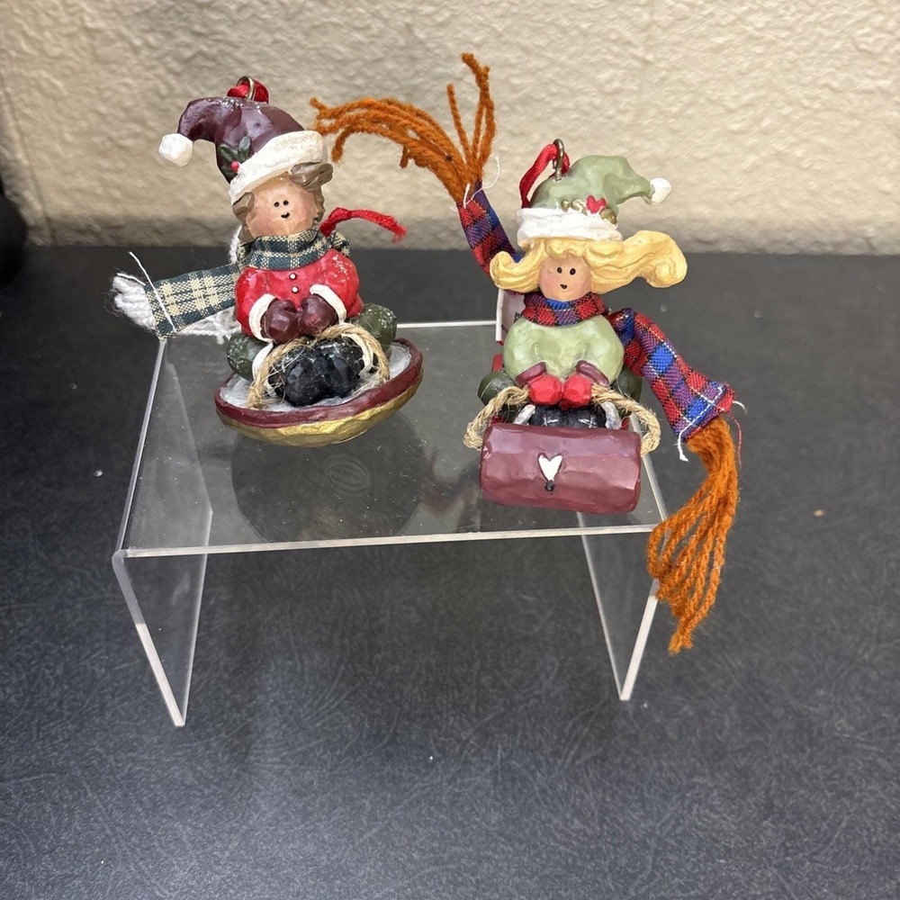 2~Kurt Adler~Ornaments~Girl Sledding on Toboggan and‎ Boy Sledding